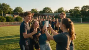 Junge Ehrenamtliche eines Vereins auf dem Sportplatz mit Smartphone und Social Media